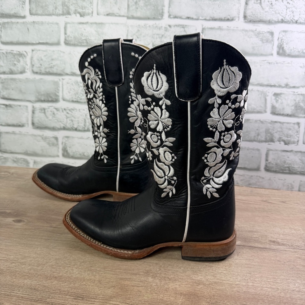 Macie Bean Floral Embroidered Black Leather Western Boots Size‎ 3